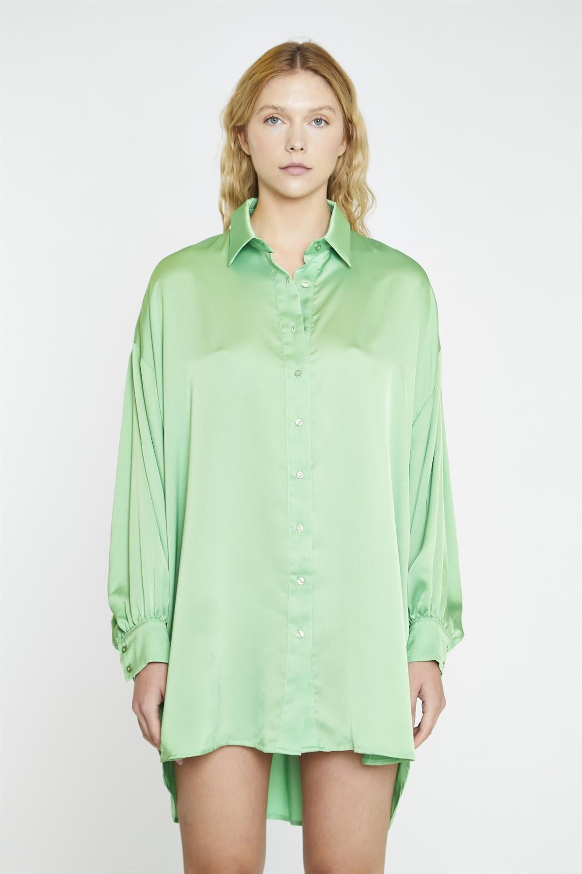 Apple-Green-Sateen Shirt Oversized Mini-Dress