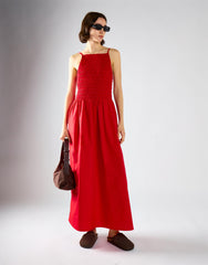 Red Shirring Body Boat Neck Maxi Dress