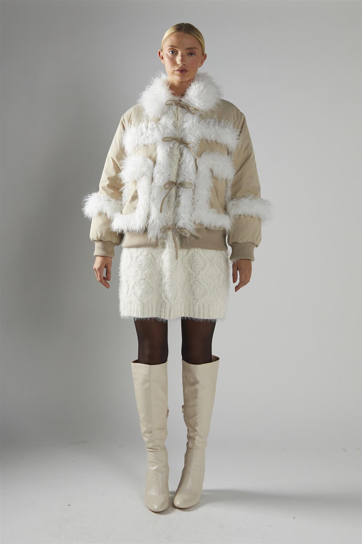 Tie Front Fur Lined Jacket - Stone White