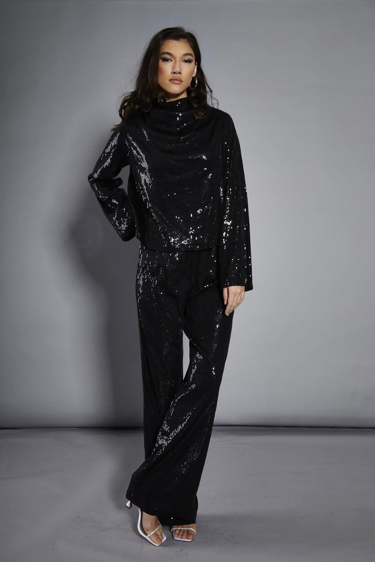 Black Sequin High-Neck Long Sleeve Blouse