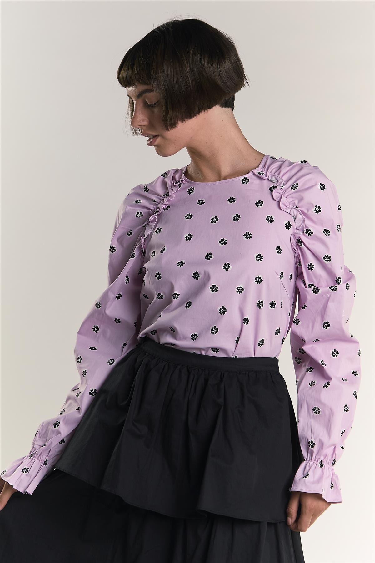 Pink Ditsy Cotton Ruffle Blouse