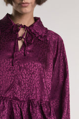 Plum-Leopard-Jacquard Long Puff Sleeve-Top