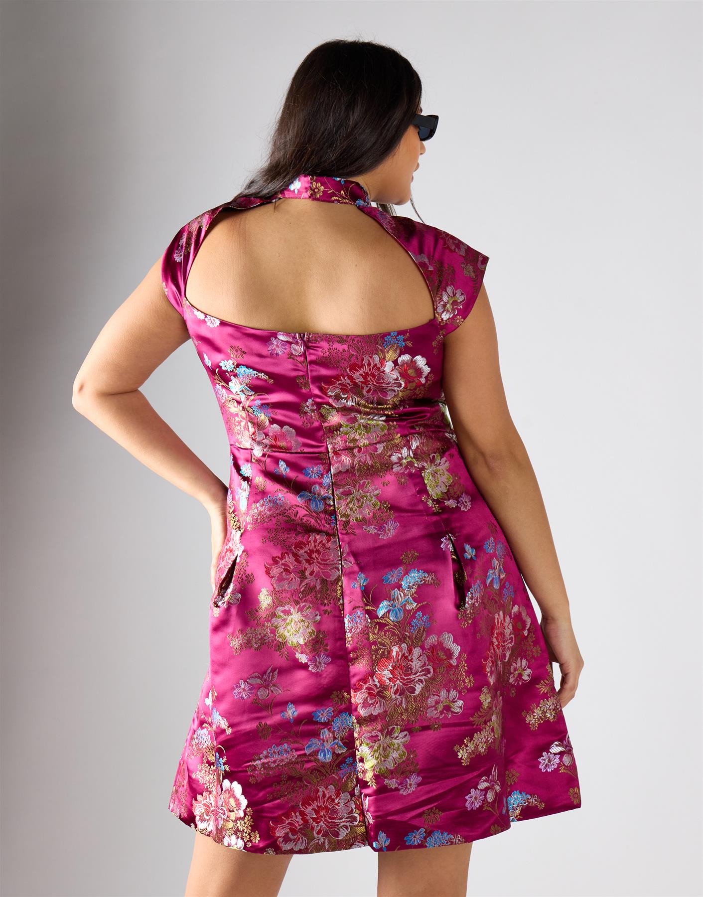 Glamorous Curve Wine Brocade Keyhole Dress