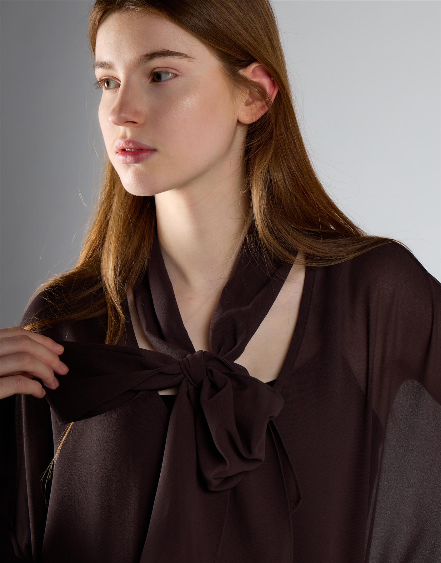 Coffee Brown Sheer Tie-Neck Blouse