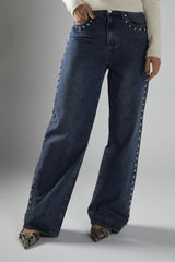 Dark-Stonewash Wide-Leg Studded-Jeans