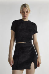 Black Fluffy-Knit Mini-Skirt