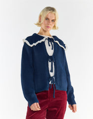 Navy Ruffle Trim Collar Tie-front Cardigan