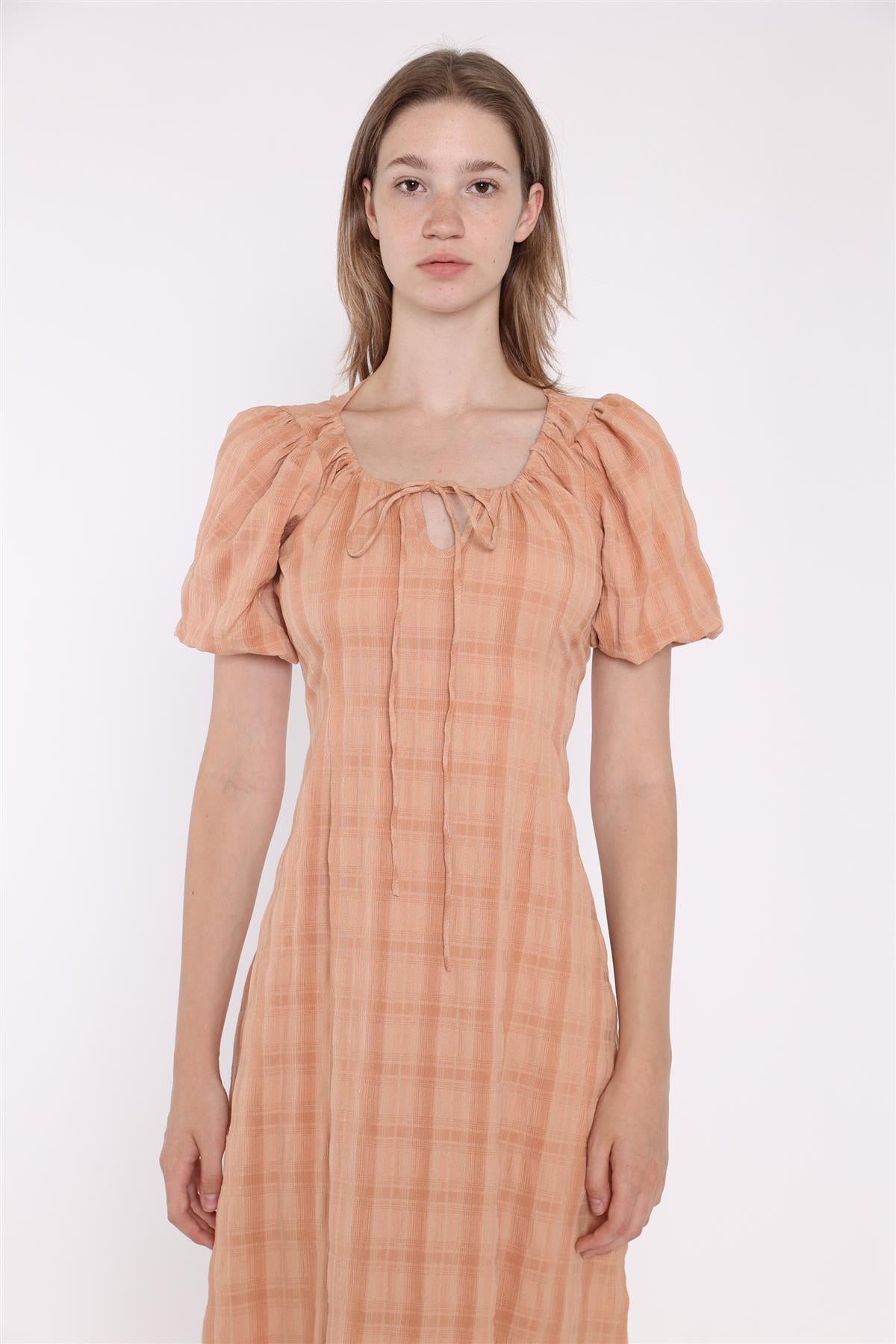 Light Apricot Check Short Sleeve Dress