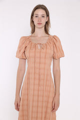 Light Apricot Check Short Sleeve Dress