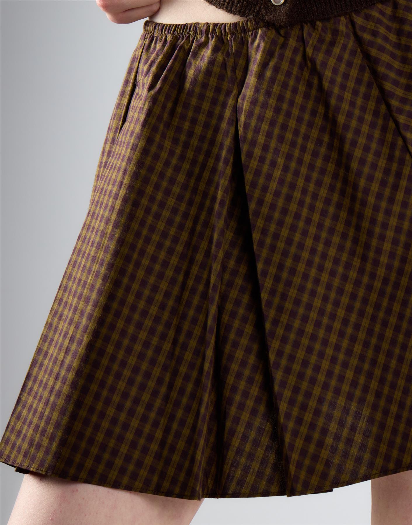 Khaki Brown Check Pleated Mini Skirt