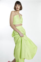 Fresh-Green Yoke-Waist Midi-Skirt