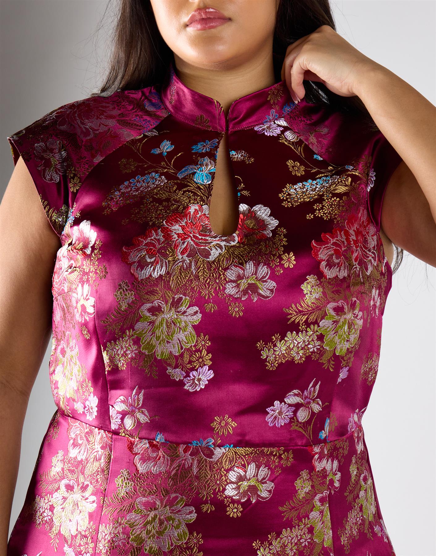 Glamorous Curve Wine Brocade Keyhole Dress