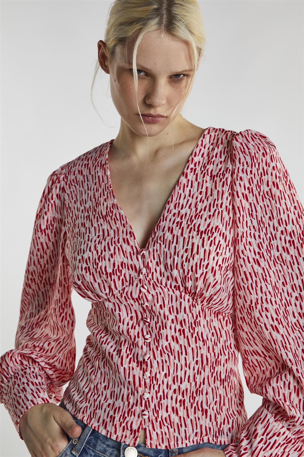 White Red Print Long Sleeve-Top