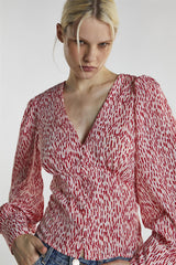 White Red Print Long Sleeve-Top