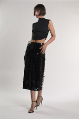 Black-Square-Sequin High-Waisted Midi-Skirt
