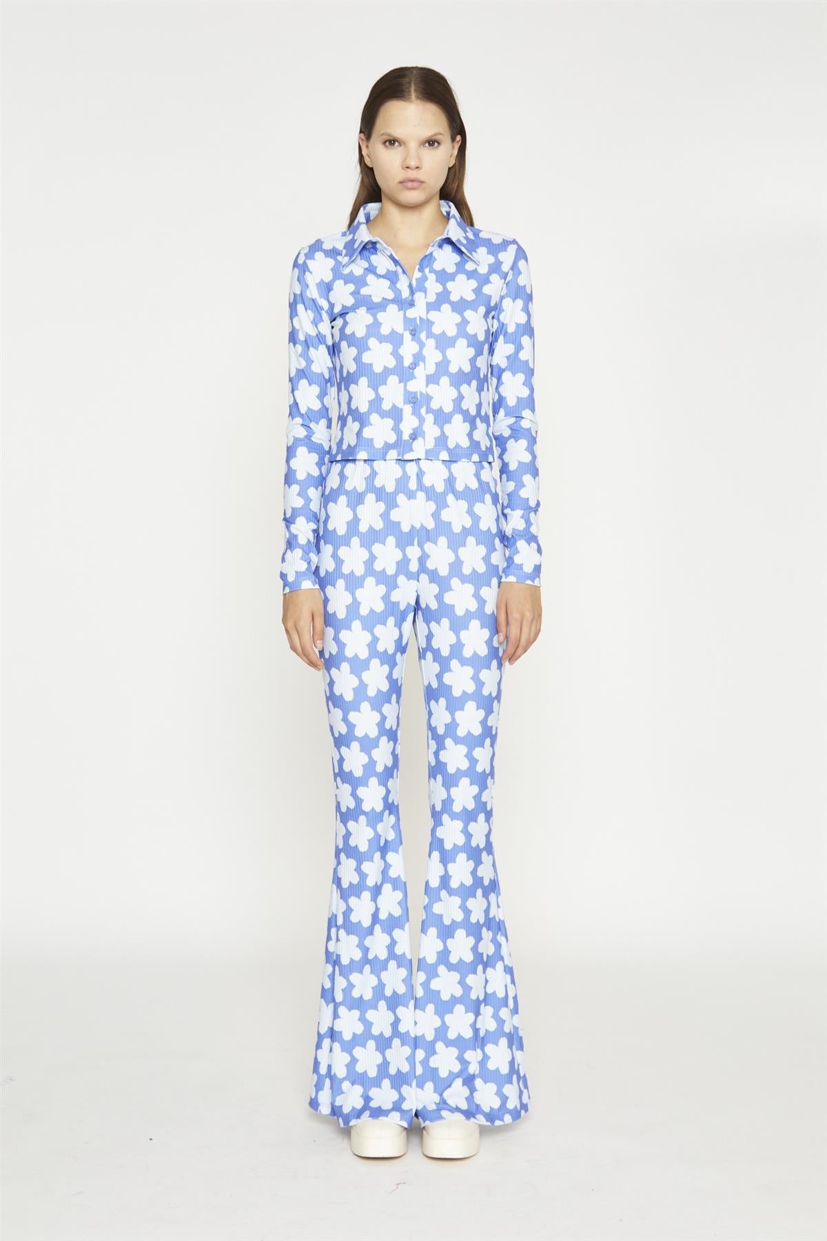 Blue-Large Flower Long-Sleeve Skinny-Fit-Shirt