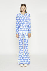 Blue-Large Flower Long-Sleeve Skinny-Fit-Shirt
