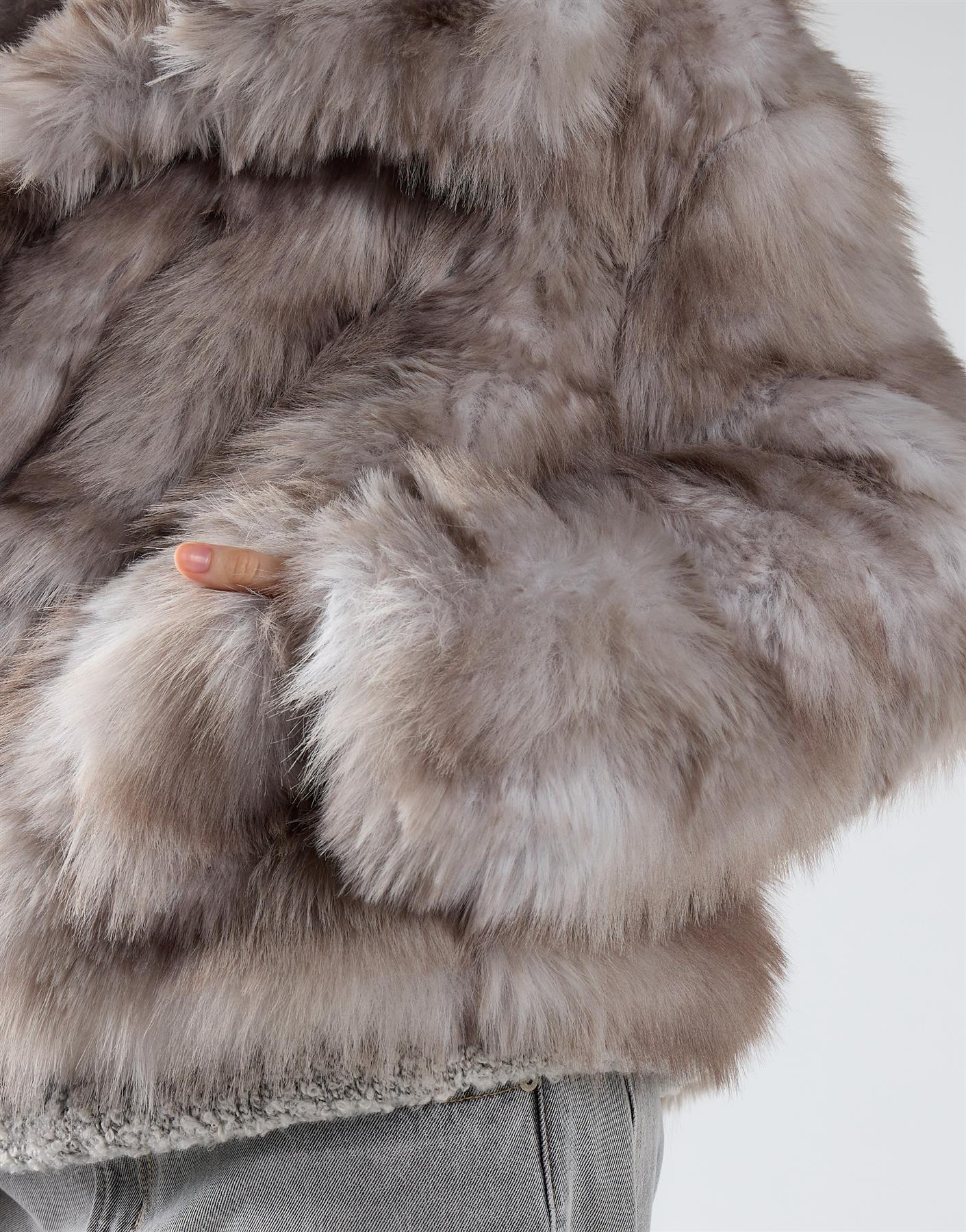 Grey Multi Fur Oversized Collar Short Fur Coat