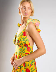 Yellow Red Fruit Frill Sleeve Midi Dress