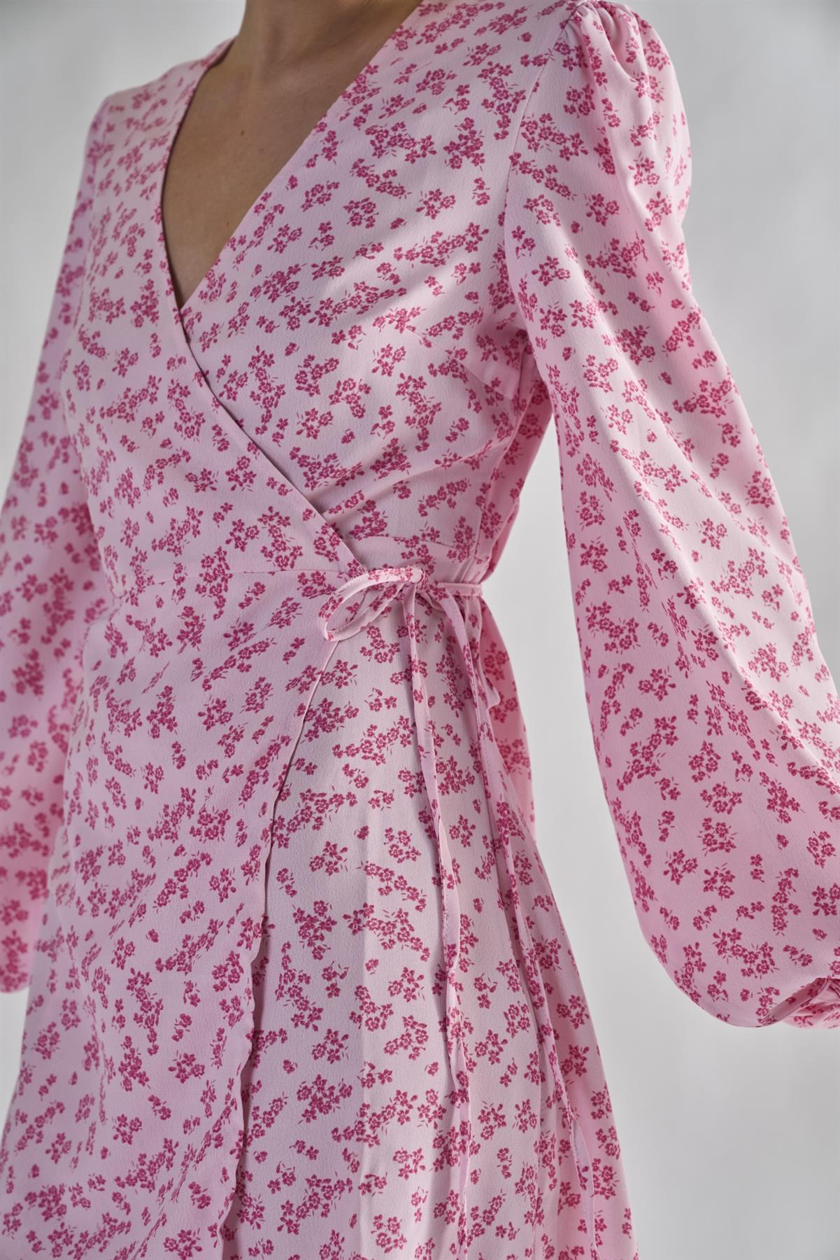 Pink-Fuschia-Ditsy Wrap Mini-Dress