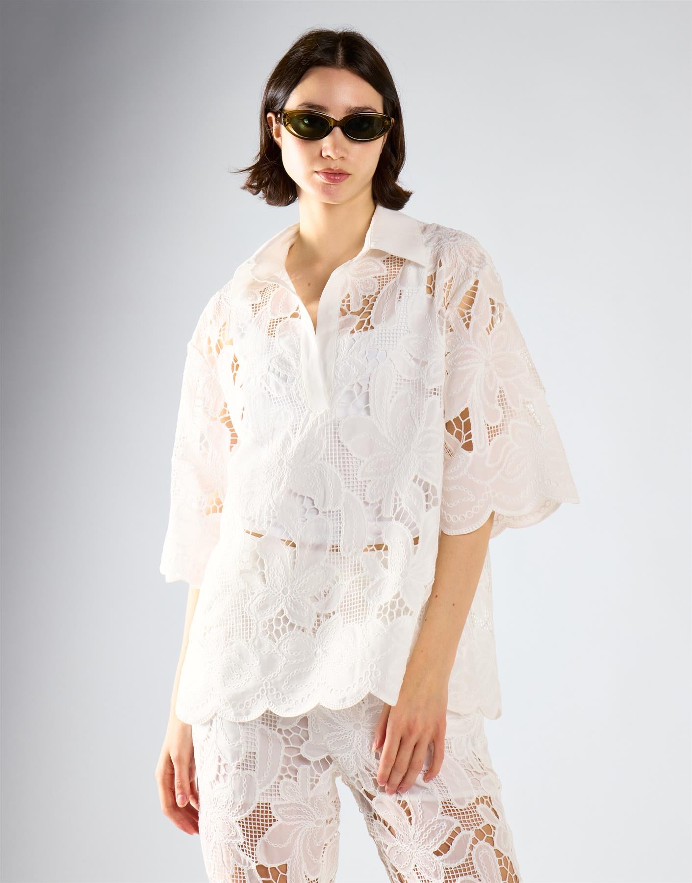 White Embroidered Flare Short Sleeve Shirt