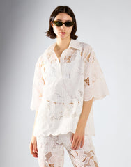 White Embroidered Flare Short Sleeve Shirt