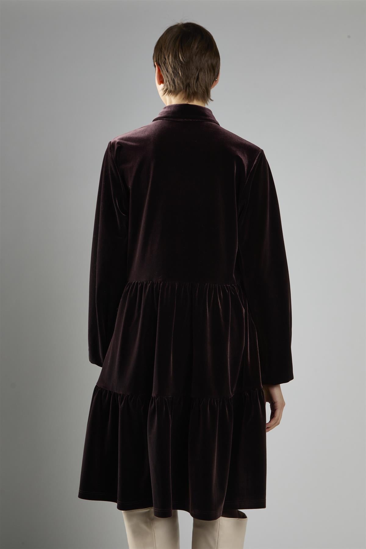 Brown Velvet A-Line Long Sleeve Midi Dress