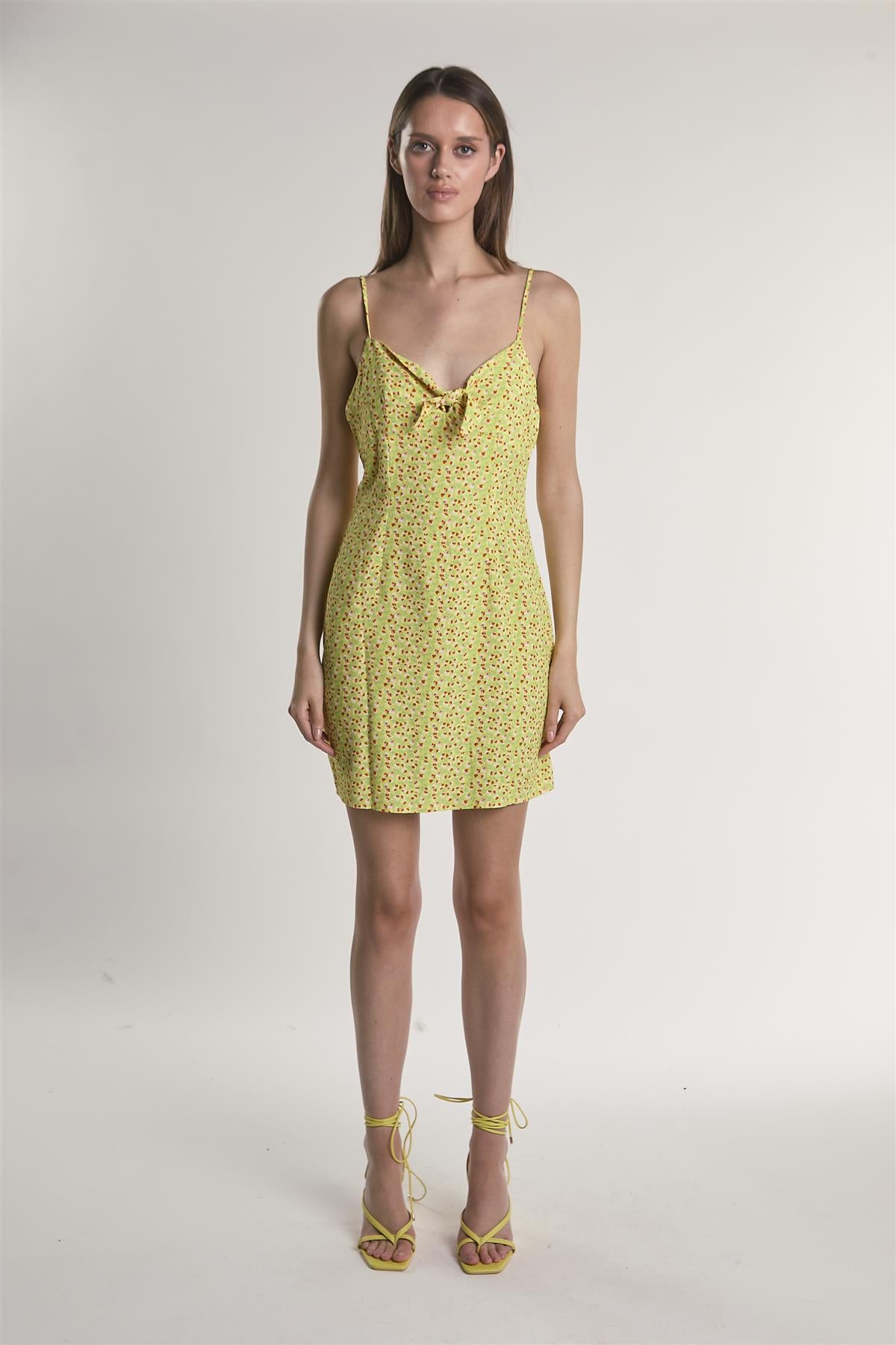 Yellow-Multi-Ditsy Sleeveless Mini-Dress