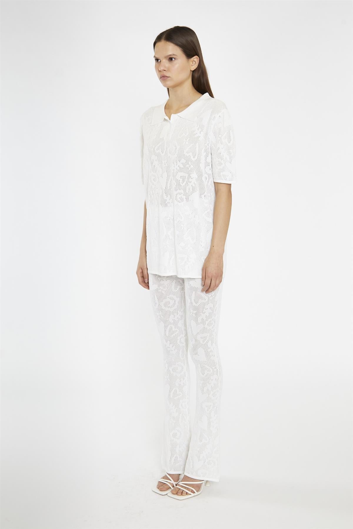 White-Textured Flared Knit-Trousers