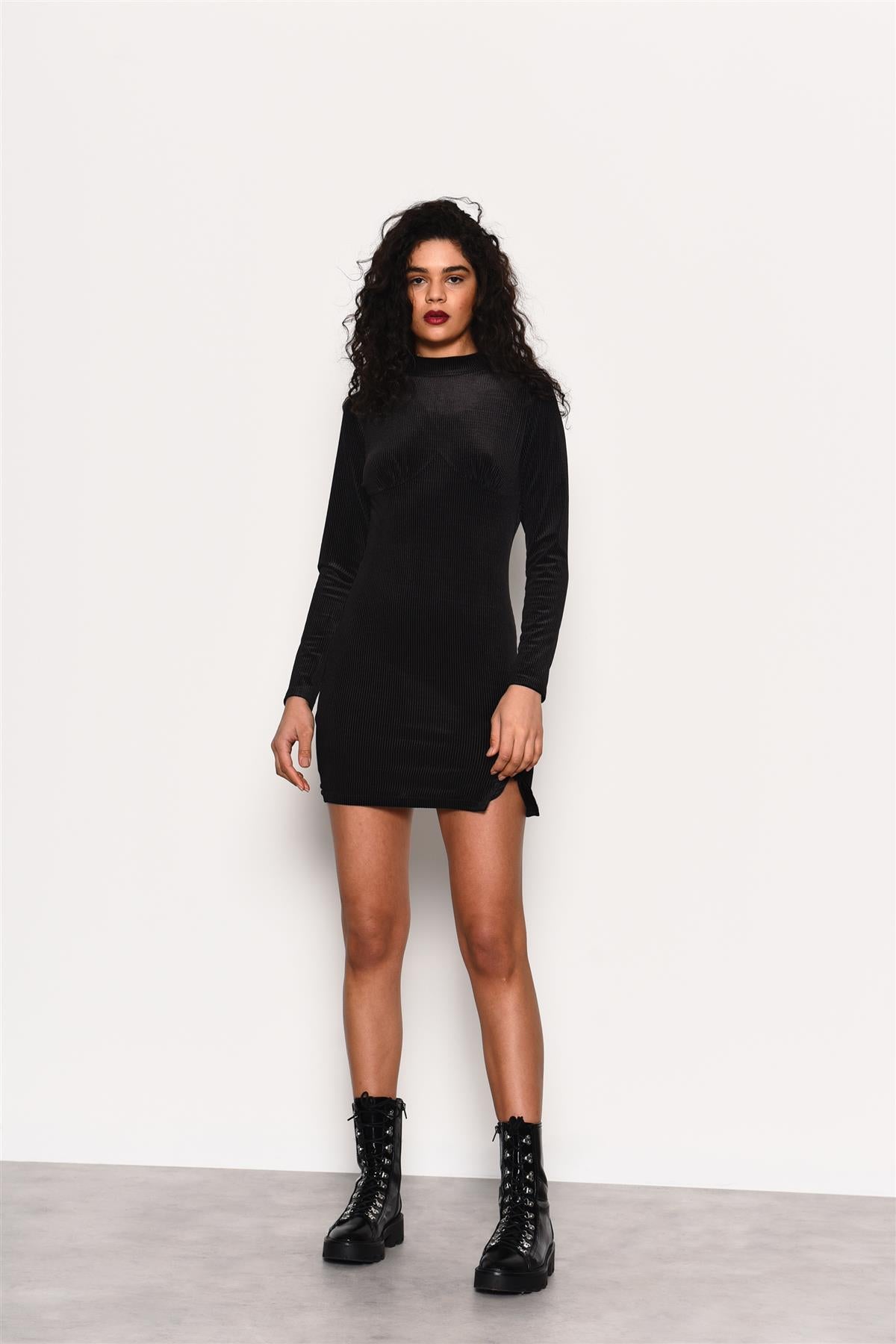 Black Velvet-Rib High-Neck Mini-Dress