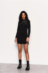 Black Velvet-Rib High-Neck Mini-Dress