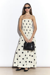 Cream Spot Shirred Dropped Waist Midi Dress