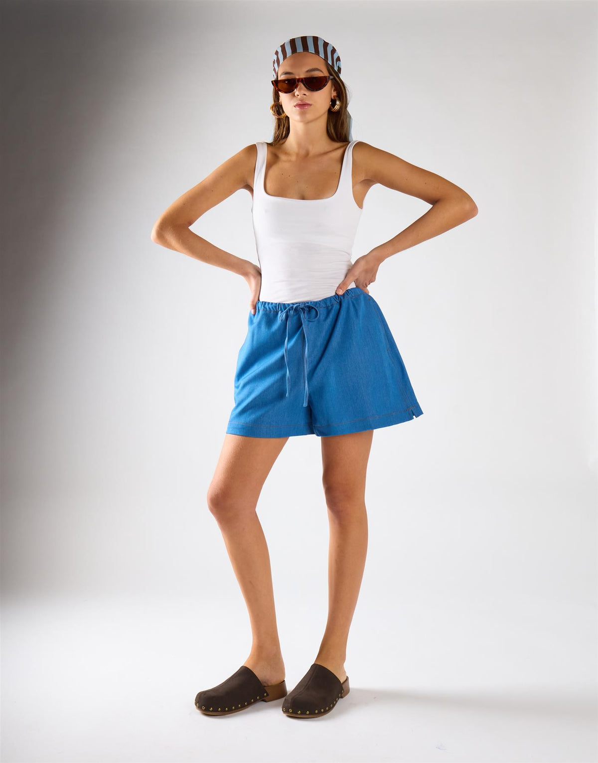 Washed Blue Tie-Waist Shorts