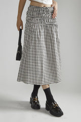 Black-White-Gingham-Print Smocked Midi-Skirt