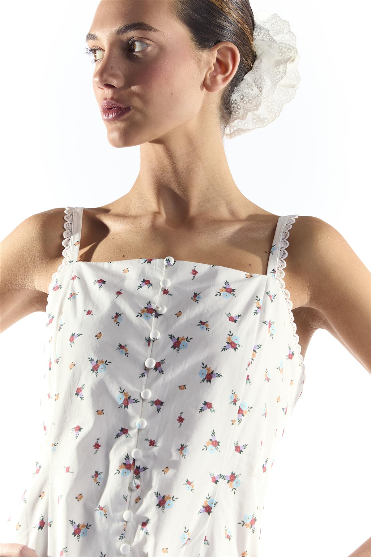 Dropped Waist Midi Dress with Trim in White Floral Colour