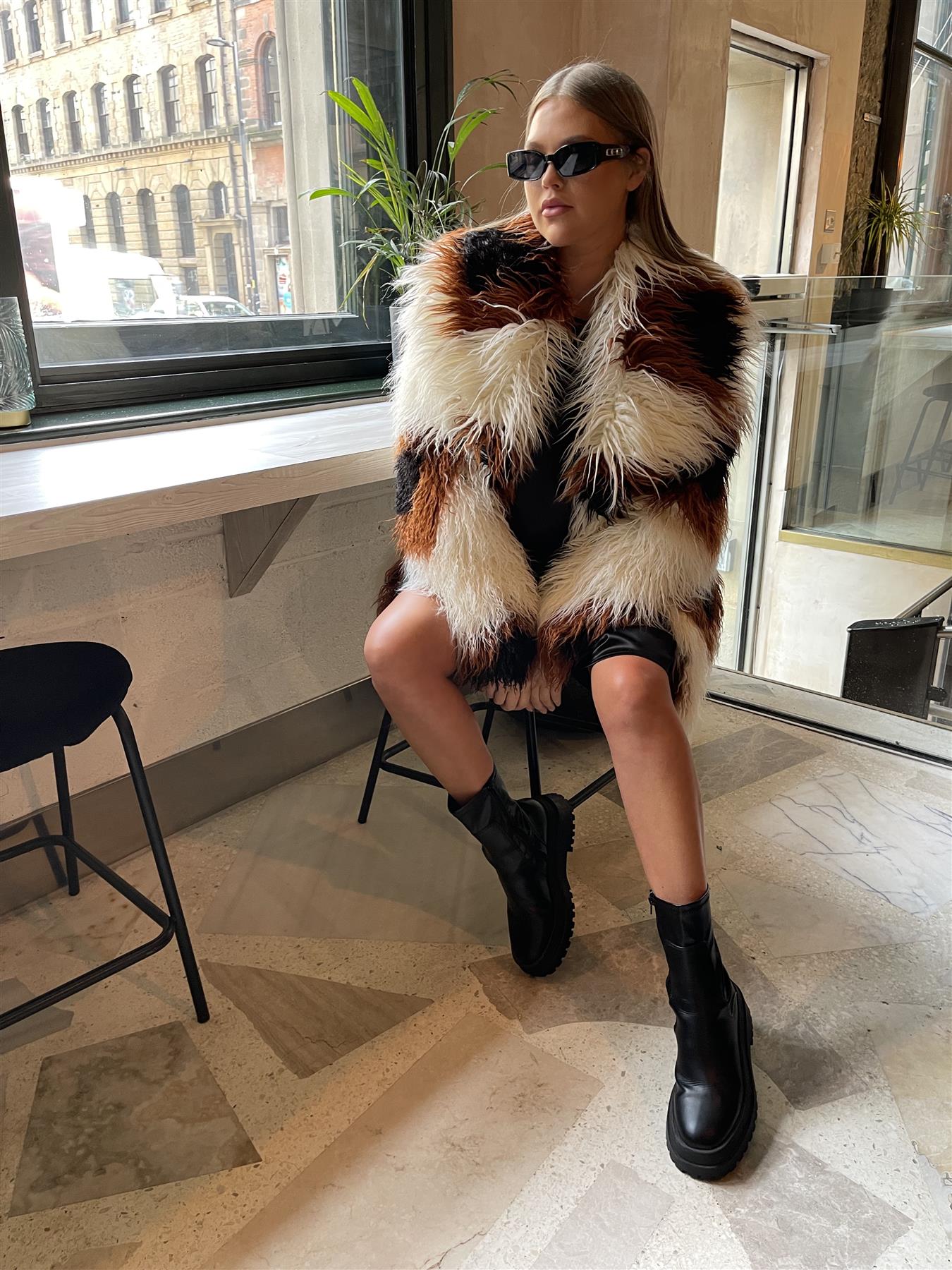 Cream-Brown Spot Faux-Fur Coat