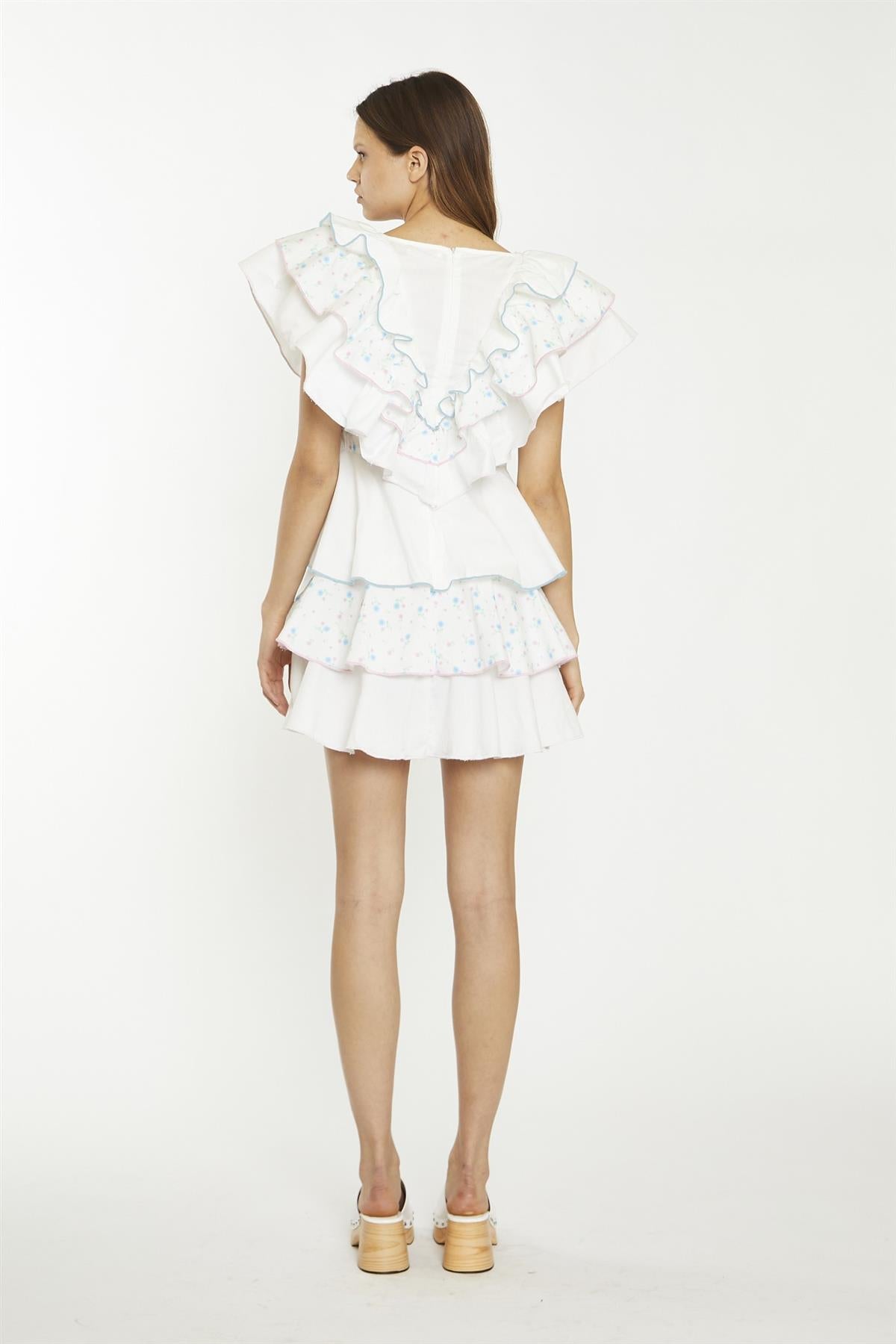 White/Blue/Pink Ditsy-Mix Tiered-Frill Mini-Dress