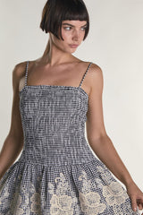 Embroidered Gingham Square Neck Ruched Mini Dress