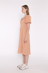 Light Apricot Check Short Sleeve Dress