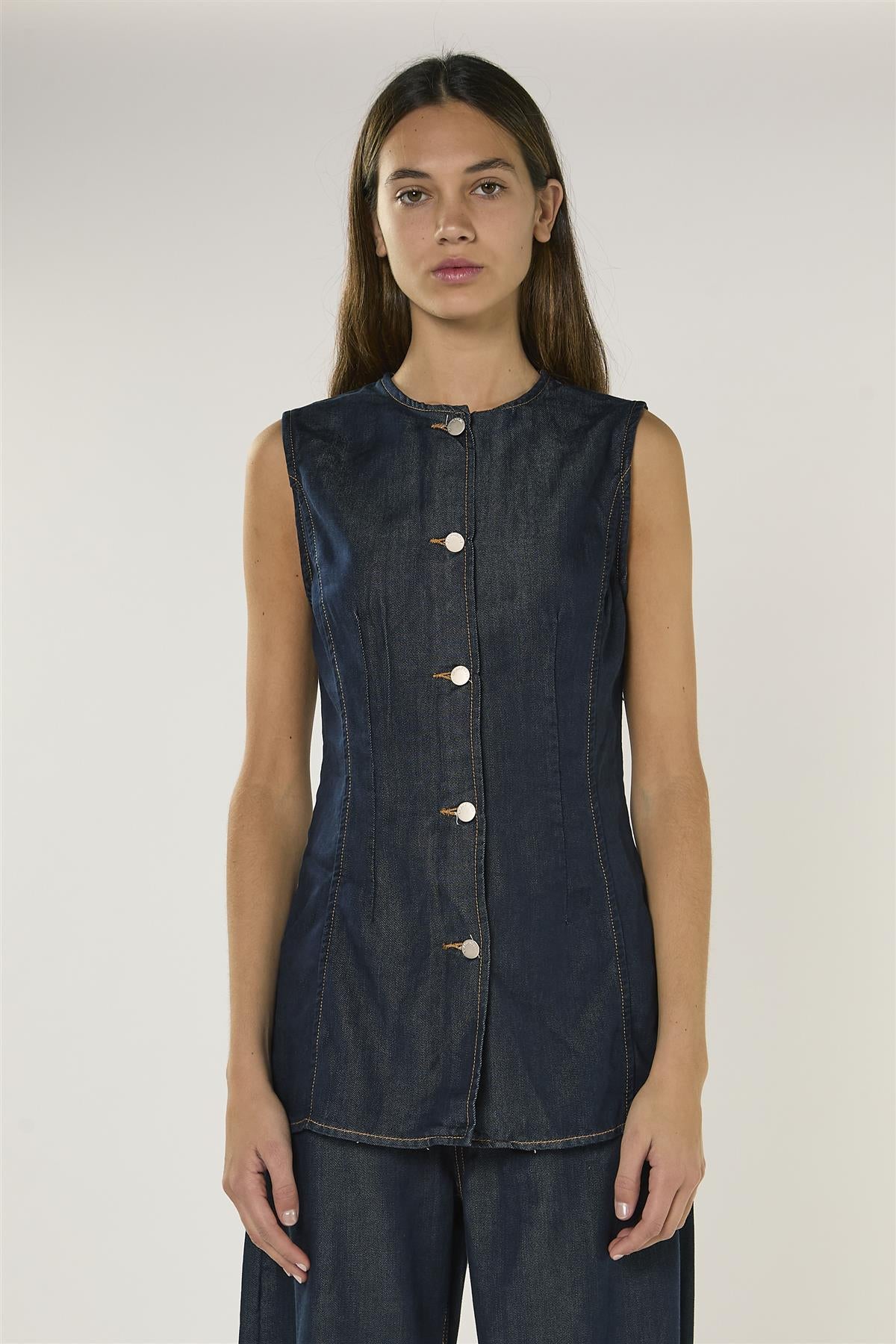 Dark Indigo Denim Sleeveless Blouse