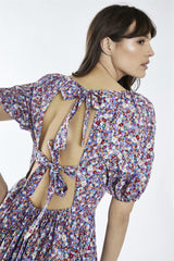 Blue Texture-Floral Ruffle-Hem Mini-Dress