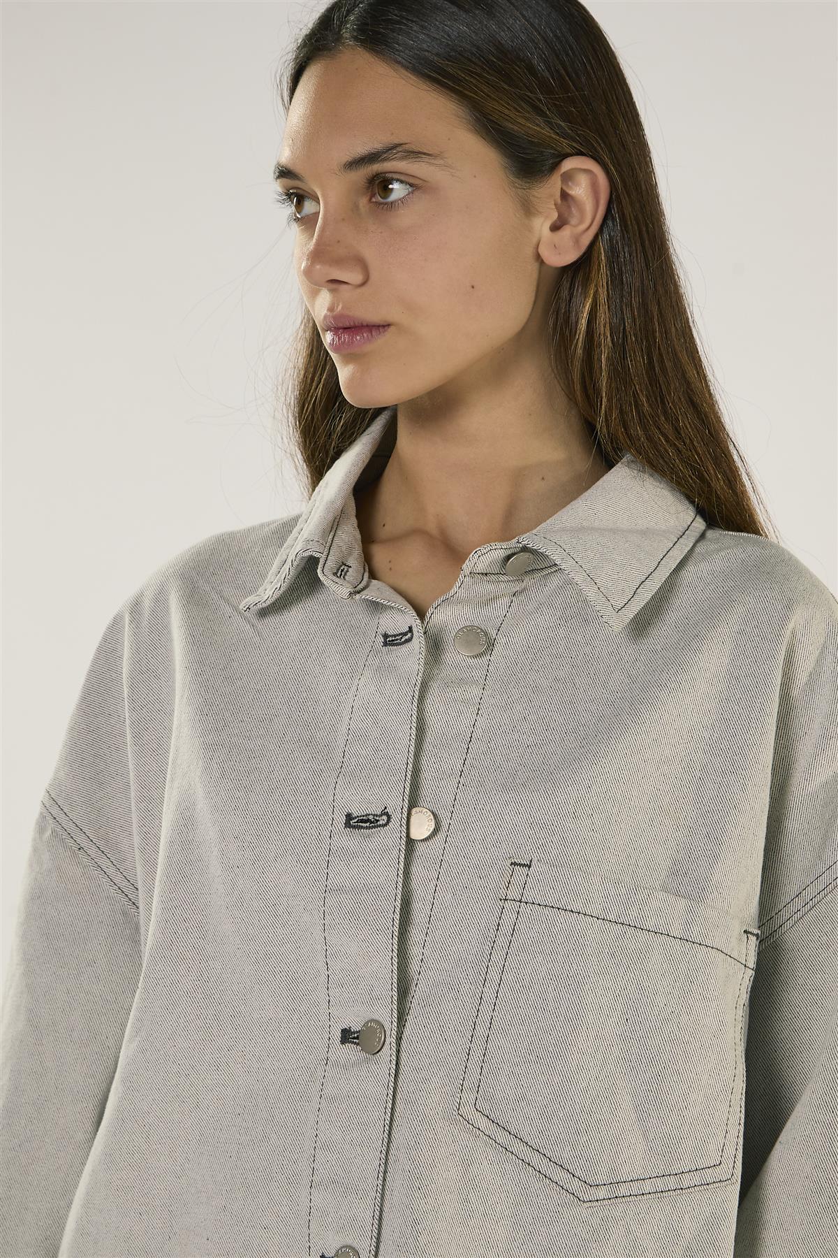 Light Grey Long Sleeve Denim Shirt with Snap On Buttons