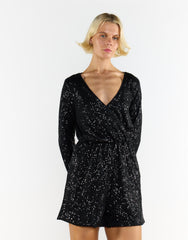 Black Sequin V-Neck Long Sleeve Playsuit
