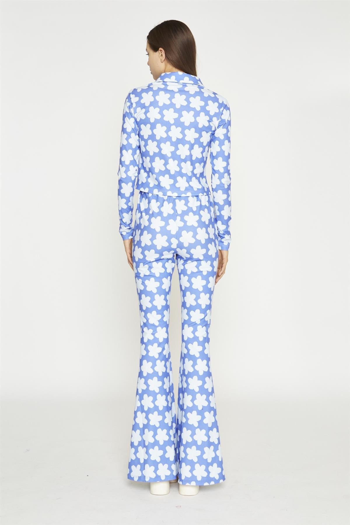 Blue-Large Flower Long-Sleeve Skinny-Fit-Shirt