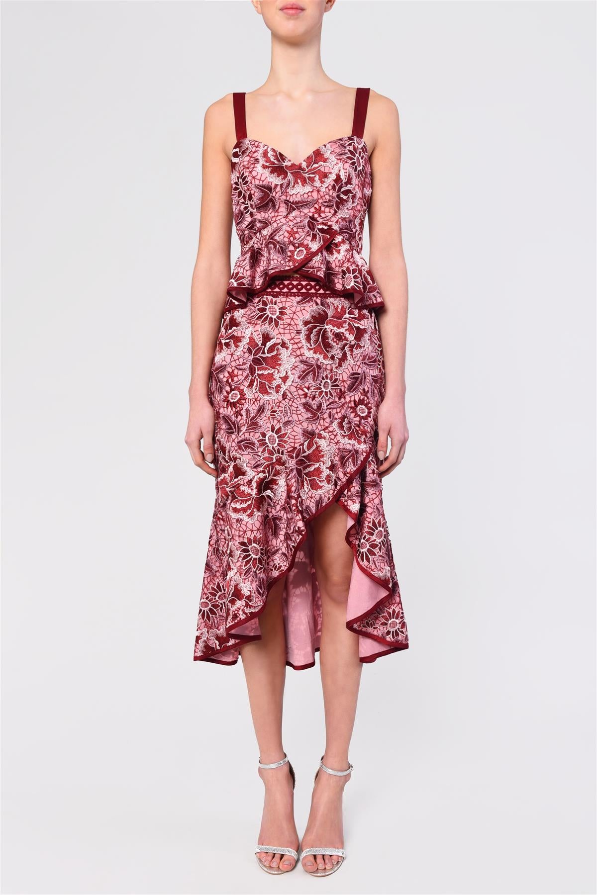 Felicity Pink Burgundy Lace Peplum Hi-Low Top