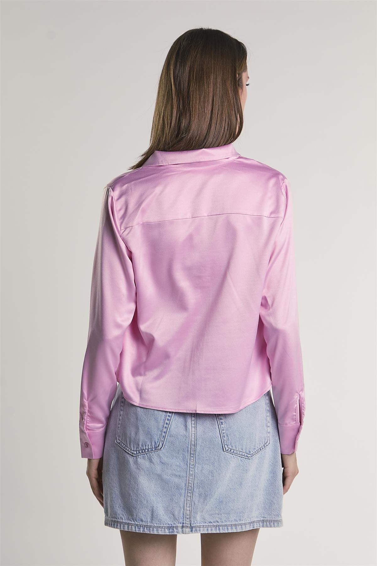 Pink-Sateen Button-Front Long Sleeve-Shirt