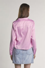 Pink-Sateen Button-Front Long Sleeve-Shirt