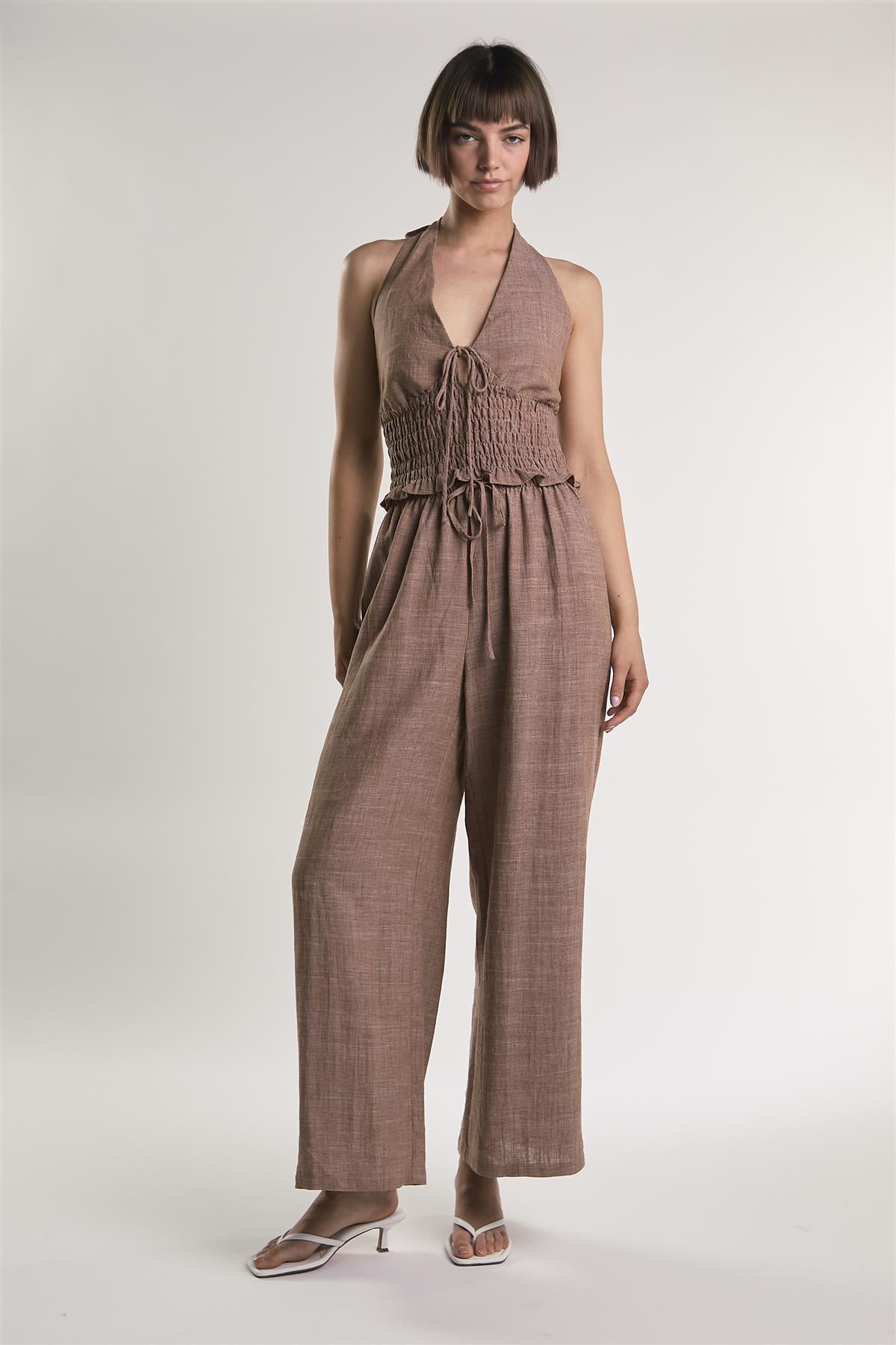 Mid Brown Fleck Smocked Halter Top