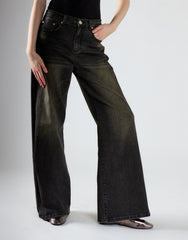 Black Vintage Wash Flared Leg High Rise Jeans