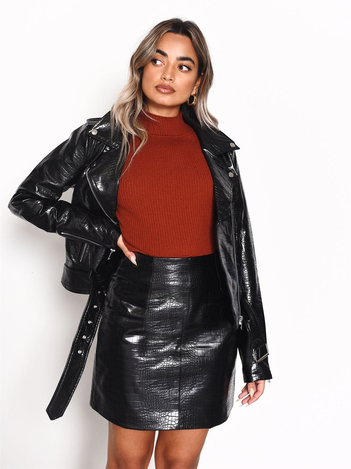 Black Croc PU Mini Skirt